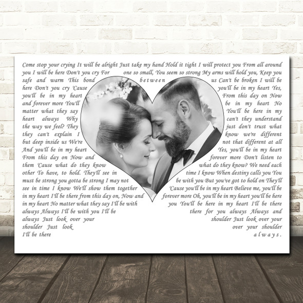 Phil Collins You'll Be In My Heart Landscape White Heart Any Text Wedding Photo Song Lyric Wall Art Canvas Framed Print