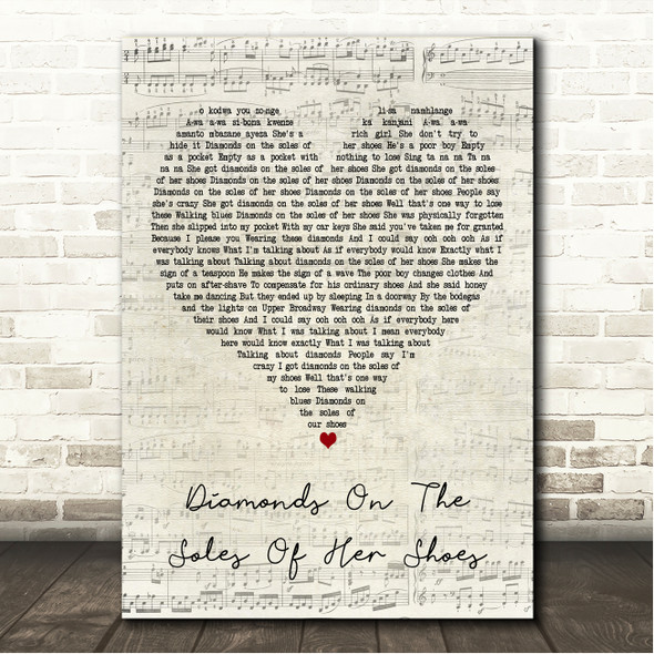 Paul Simon Diamonds On The Soles Of Her Shoes Script Heart Song Lyric Wall Art Canvas Framed Print