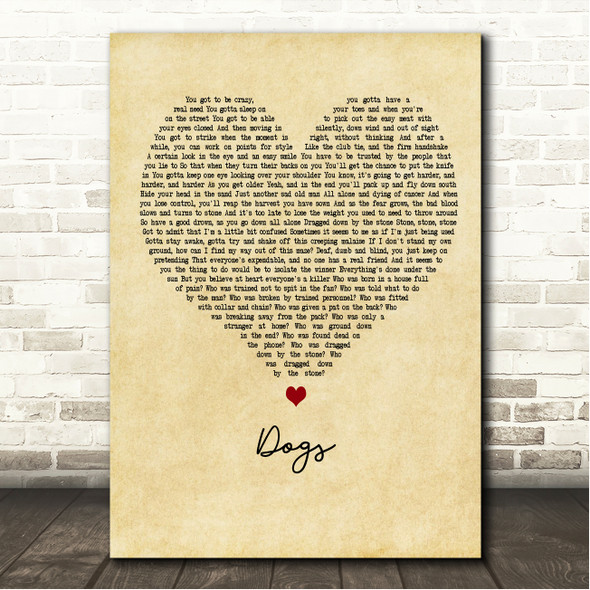 Pink Floyd Dogs Vintage Heart Song Lyric Wall Art Canvas Framed Print