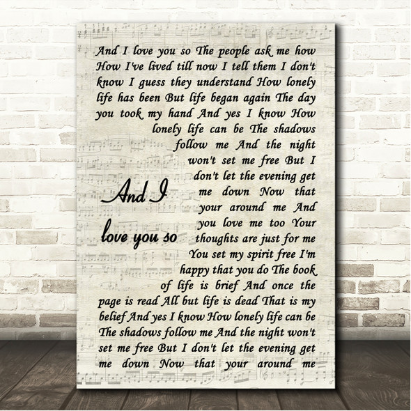 Perry Como And I Love You So Vintage Script Song Lyric Wall Art Canvas Framed Print