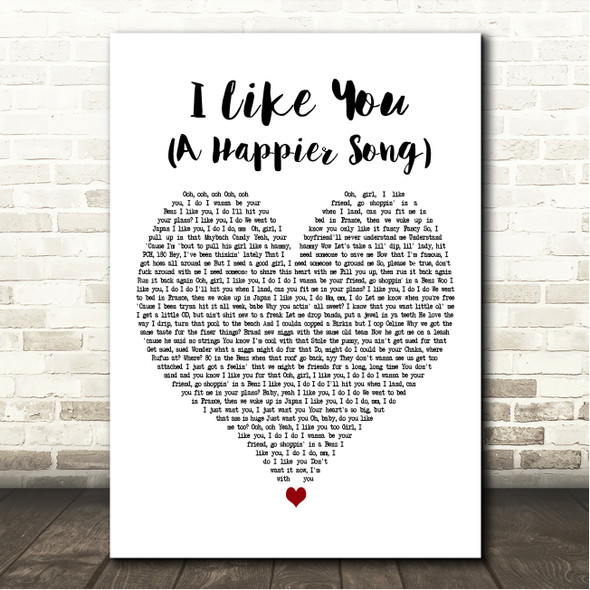 Post Malone I Like You (A Happier Song) White Heart Song Lyric Wall Art Canvas Framed Print