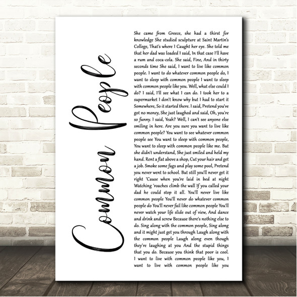 Pulp Common People White Script Song Lyric Wall Art Canvas Framed Print