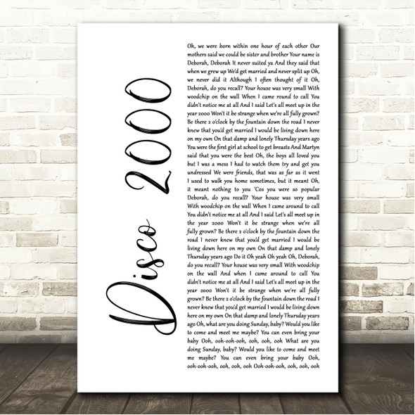 Pulp Disco 2000 White Script Song Lyric Wall Art Canvas Framed Print