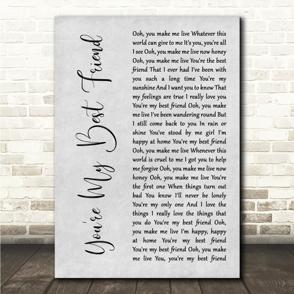 Queen You're My Best Friend Grey Rustic Script Song Lyric Wall Art Canvas Framed Print