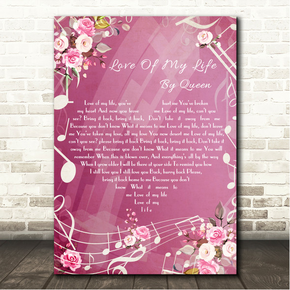 Queen Love Of My Life Pink Floral Music Notes Heart Song Lyric Wall Art Canvas Framed Print