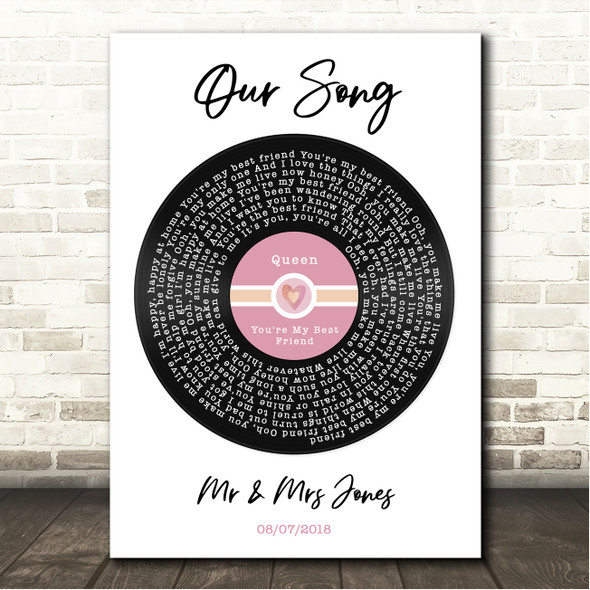 Queen You're My Best Friend Pink Heart Vinyl Record Song Lyric Wall Art Canvas Framed Print