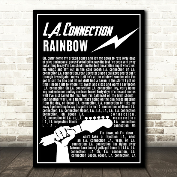 Rainbow L.A. Connection Black & White Guitar Lightening Rock Song Lyric Wall Art Canvas Framed Print