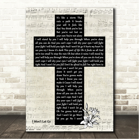 Rascal Flatts I Won't Let Go Music Script Christian Memorial Cross Song Lyric Wall Art Canvas Framed Print