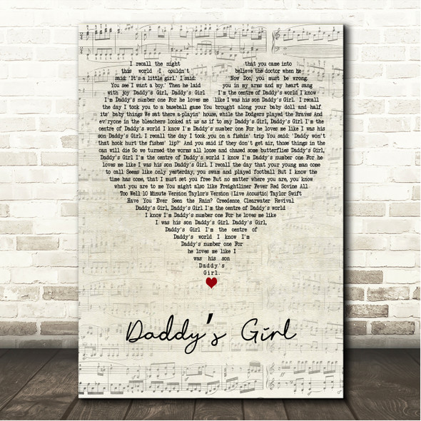 Red Sovine Daddys Girl Script Heart Song Lyric Wall Art Canvas Framed Print
