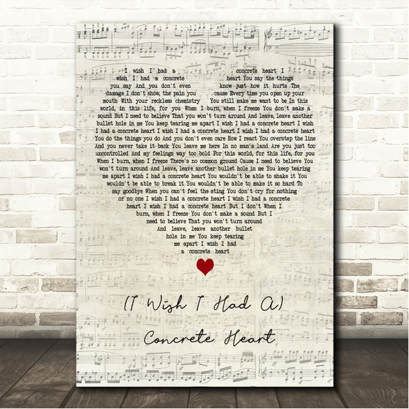 Rick Springfield (I Wish I Had A) Concrete Heart Script Heart Song Lyric Wall Art Canvas Framed Print