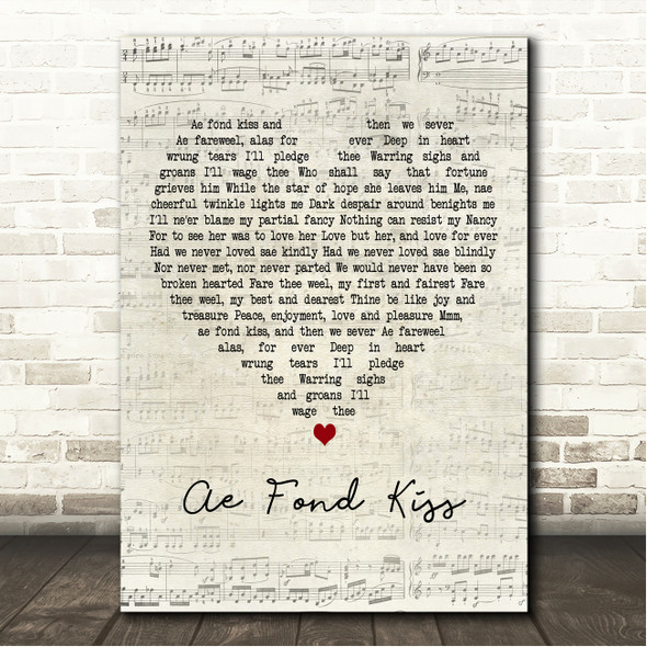 Robert Burns Ae Fond Kiss Script Heart Song Lyric Wall Art Canvas Framed Print