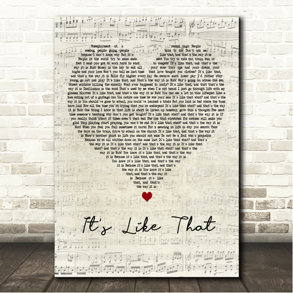 Run-D.M.C. It's Like That Script Heart Song Lyric Wall Art Canvas Framed Print