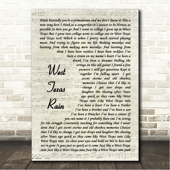 Randy Rogers & Wade Bowen West Texas Rain Vintage Script Song Lyric Wall Art Canvas Framed Print