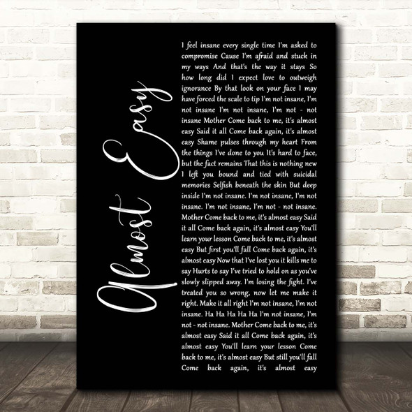 Avenged Sevenfold Almost Easy Black Script Song Lyric Print