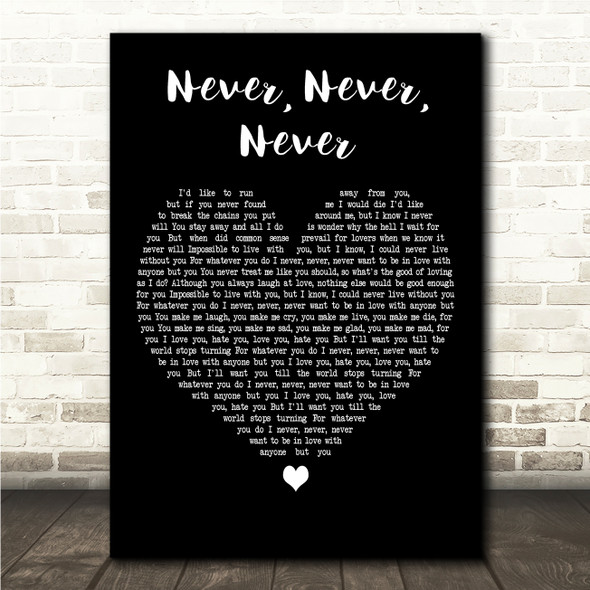 Shirley Bassey Never, Never, Never Black Heart Song Lyric Wall Art Canvas Framed Print