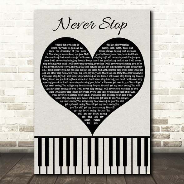 SafetySuit Never Stop Black Heart & Piano Keys Song Lyric Wall Art Canvas Framed Print