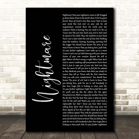 Avenged Sevenfold Nightmare Black Script Song Lyric Print