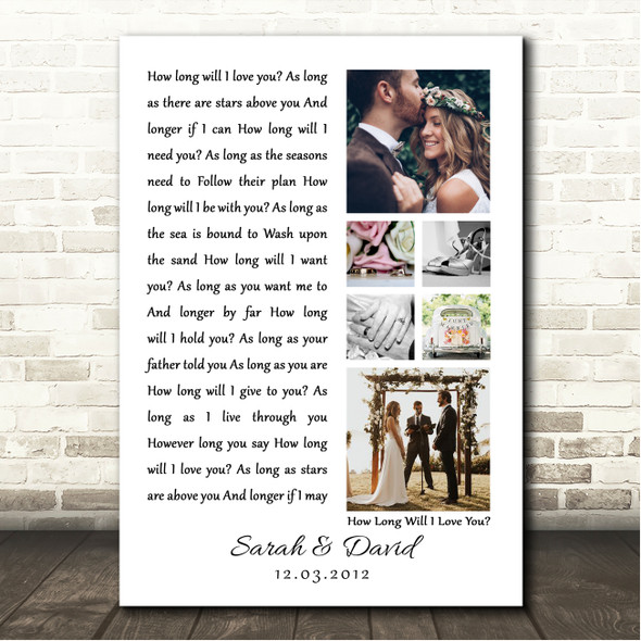 The Waterboys How Long Will I Love You 3 or 6 Square Wedding Photos White Side Script Song Lyric Wall Art Canvas Framed Print