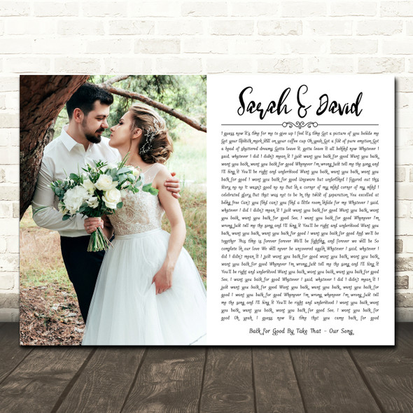 Take That Back for Good Landscape Rectangle Full Side Wedding Photo White Song Lyric Wall Art Canvas Framed Print