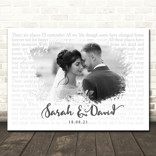 The Beatles In My Life Landscape Smudge White Grey Wedding Photo Song Lyric Wall Art Canvas Framed Print