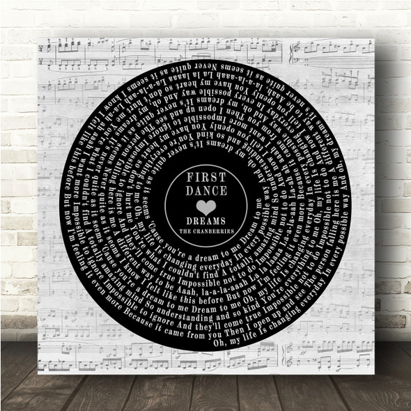 The Cranberries Dreams Square Vinyl Record Wedding Photo Grey Script Song Lyric Wall Art Canvas Framed Print
