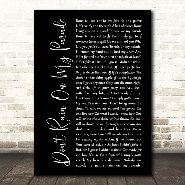 Barbra Streisand Don't Rain On My Parade Black Script Song Lyric Print