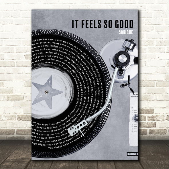 Sonique It Feels So Good Rustic Grey Blue Vinyl Record Song Lyric Wall Art Canvas Framed Print