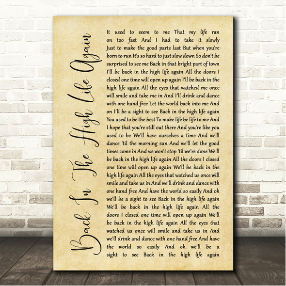 Steve Winwood Back In The High Life Again Rustic Script Song Lyric Wall Art Canvas Framed Print