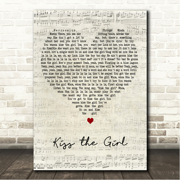 Samuel E. Wright Kiss the Girl Script Heart Song Lyric Wall Art Canvas Framed Print