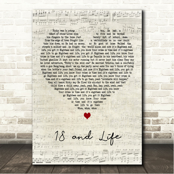 Skid Row 18 and Life Script Heart Song Lyric Wall Art Canvas Framed Print