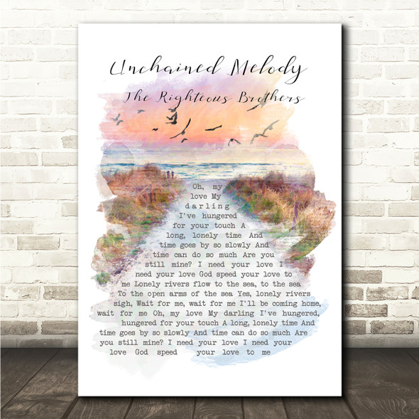 The Righteous Brothers Unchained Melody Beach Sunset Birds Memorial Song Lyric Wall Art Canvas Framed Print