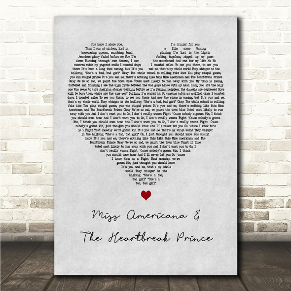 Taylor Swift Miss Americana & The Heartbreak Prince Grey Heart Song Lyric Wall Art Canvas Framed Print