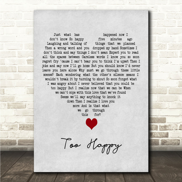 Tracey Thorn Too Happy Grey Heart Song Lyric Wall Art Canvas Framed Print