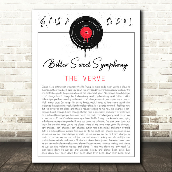 The Verve Bitter Sweet Symphony Grunge Vinyl Record Drip Song Lyric Wall Art Canvas Framed Print