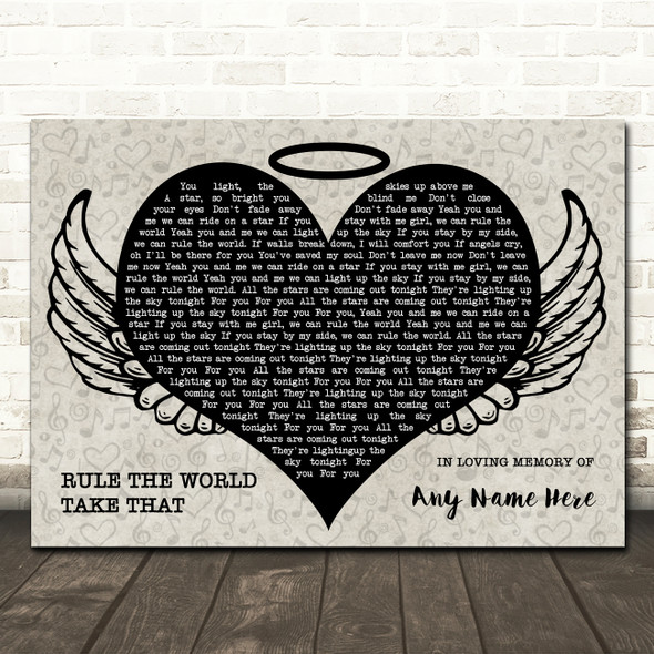 Take That Rule The World Heart Angel Wings Halo Memorial Song Lyric Wall Art Canvas Framed Print