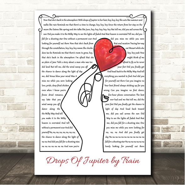 Train Drops Of Jupiter Line Art Hand & Heart Song Lyric Wall Art Canvas Framed Print