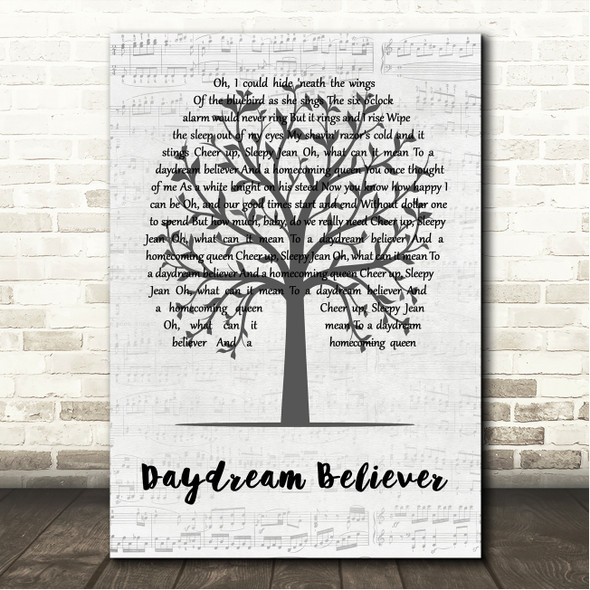 The Monkees Daydream Believer Music Script Tree Song Lyric Wall Art Canvas Framed Print