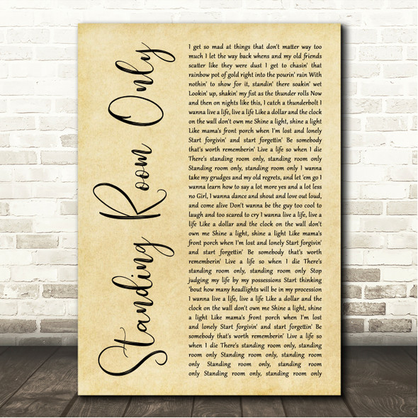 Tim McGraw Standing Room Only Rustic Script Song Lyric Wall Art Canvas Framed Print