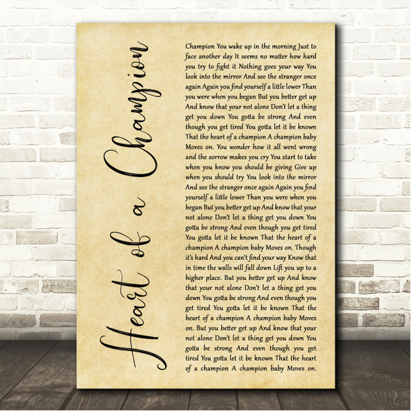 Troy Horne Heart of a Champion Rustic Script Song Lyric Wall Art Canvas Framed Print