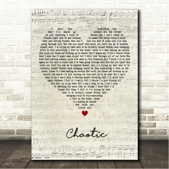Tate McRae chaotic Script Heart Song Lyric Wall Art Canvas Framed Print
