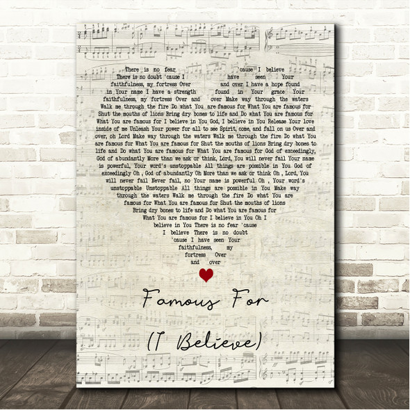 Tauren Wells Famous For (I Believe) Script Heart Song Lyric Wall Art Canvas Framed Print