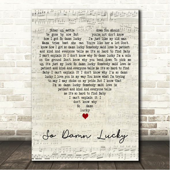 Taylor McCall So Damn Lucky Script Heart Song Lyric Wall Art Canvas Framed Print