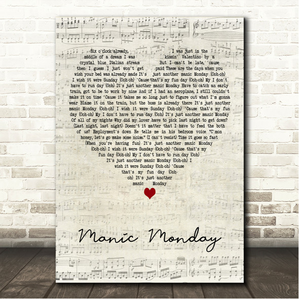 The Bangles Manic Monday Script Heart Song Lyric Wall Art Canvas Framed Print