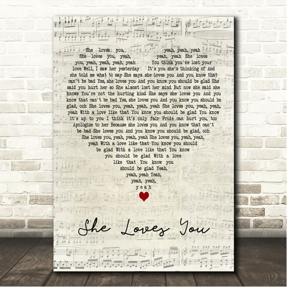 The Beatles She Loves You Script Heart Song Lyric Wall Art Canvas Framed Print