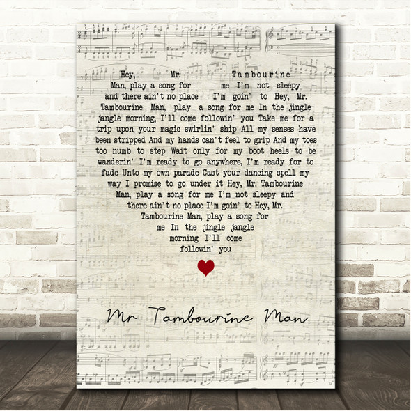 The Byrds Mr Tambourine Man Script Heart Song Lyric Wall Art Canvas Framed Print