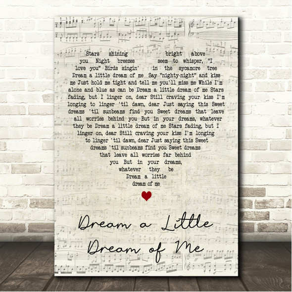 The Mamas & The Papas Dream a Little Dream of Me Script Heart Song Lyric Wall Art Canvas Framed Print