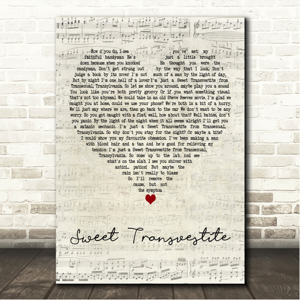 The Rocky Horror Picture Show Sweet Transvestite Script Heart Song Lyric Wall Art Canvas Framed Print