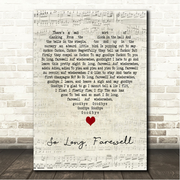 The Sound of Music So Long, Farewell Script Heart Song Lyric Wall Art Canvas Framed Print