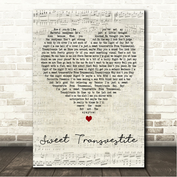 Tim Curry Sweet Transvestite Script Heart Song Lyric Wall Art Canvas Framed Print