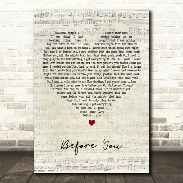 Tom Grennan Before You Script Heart Song Lyric Wall Art Canvas Framed Print